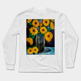 sunflowers in a metallic blue and gold vase Long Sleeve T-Shirt